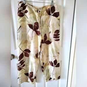 DKNY City Cream Brown Silk Loose Fit Leaf Pattern Crop Pants Women's Size Large